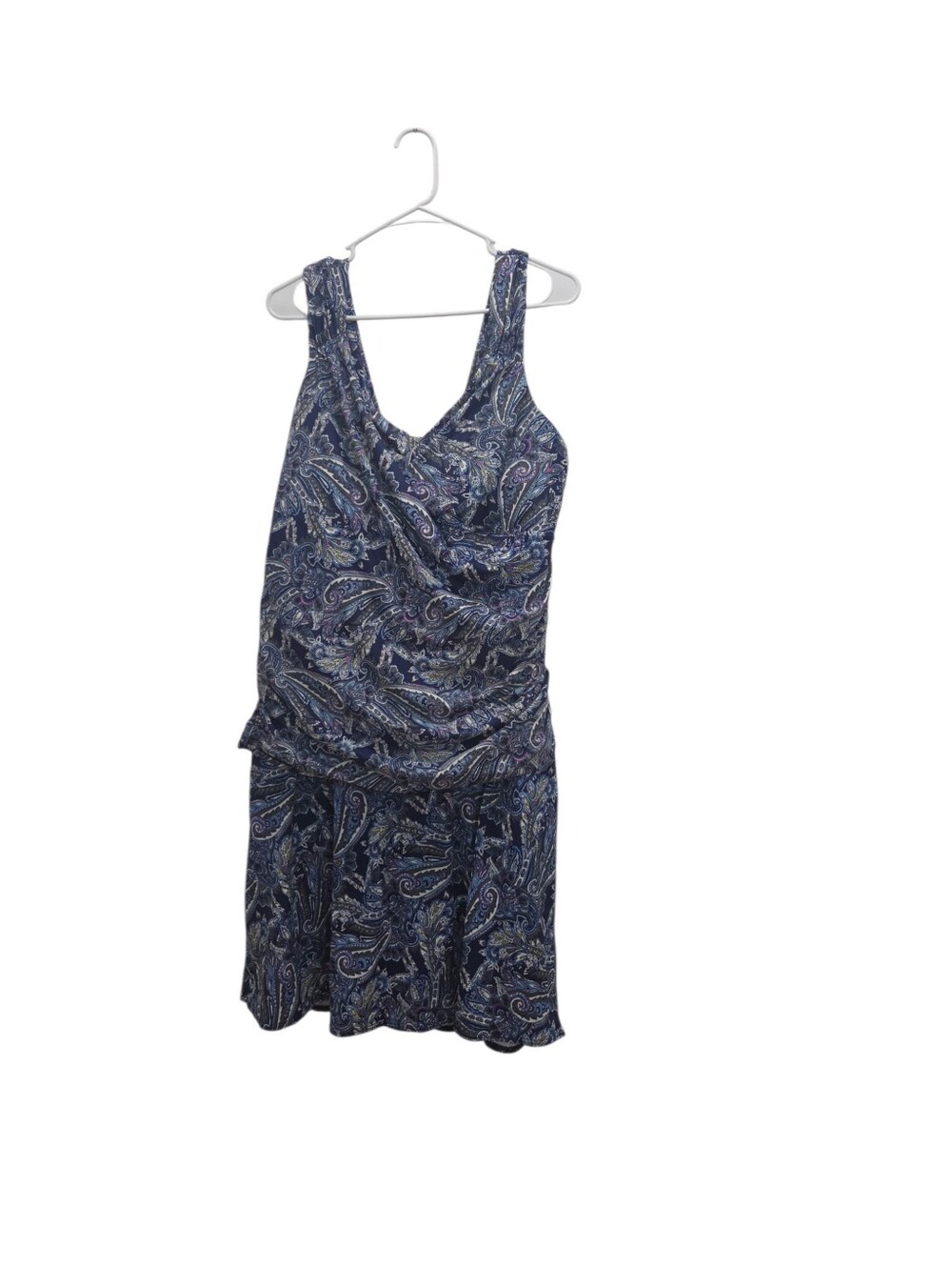 Lands' End 22W Paisley Tankini Swim Dress Skirt Set Tummy Control Plus Blue